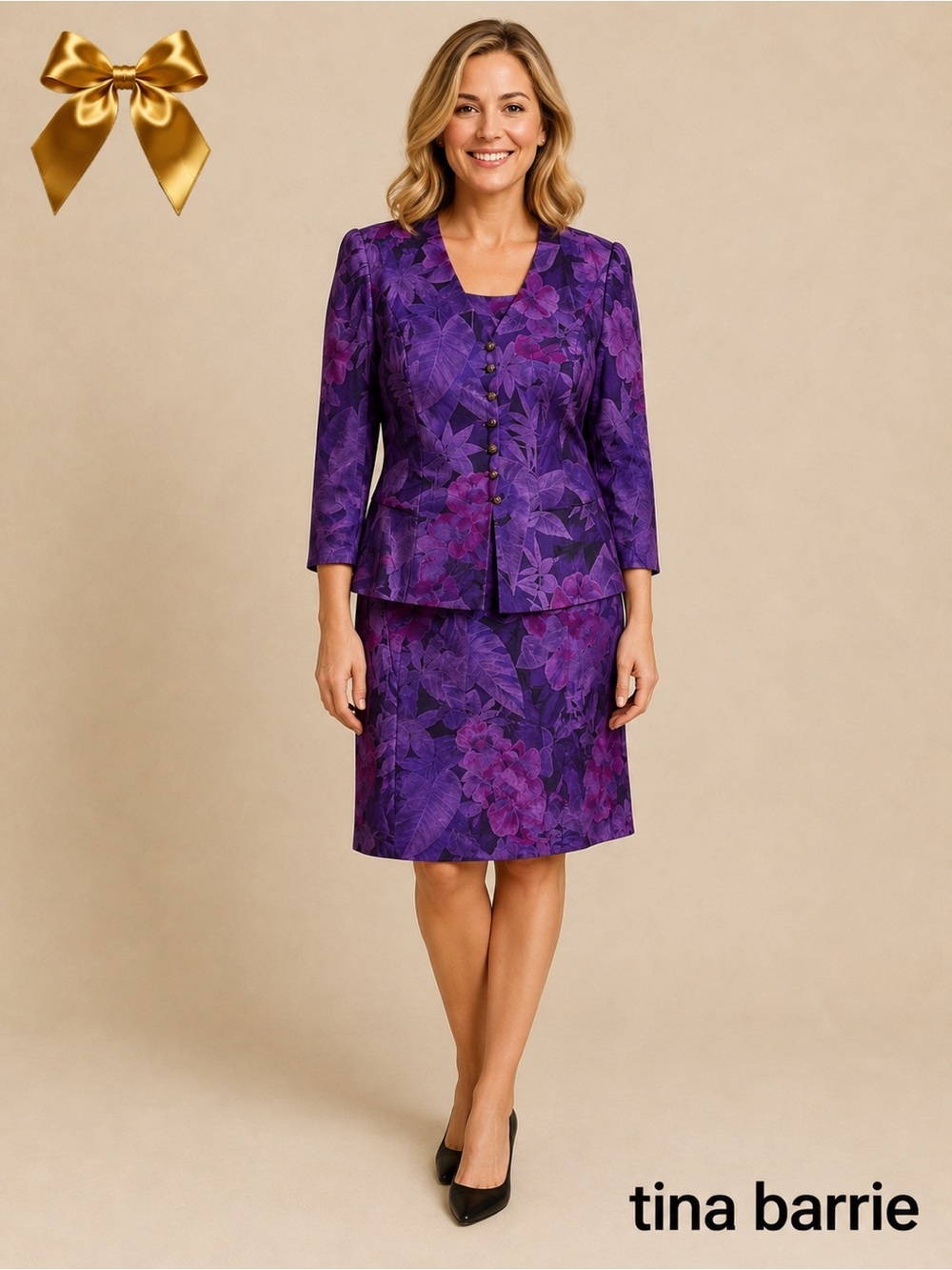 Vintage Tina Barrie Purple Floral Two Piece Skirt Suit Set Size 12 Made in USA